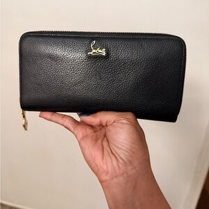 Christian Louboutin Pebble Leather Zip Wallet in Black with Gold Logo